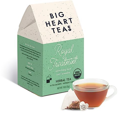 Big Heart Tea Co. Tea Bags - Royal Treatmint Lavender Mint - Certified Organic, Ayurvedic Herbal Decaf Tea in Zero Plastic Sachets - Small Batch Ground Herbs, Adaptogenic Tulsi, Ginkgo Leaf, 10 Tea Bags