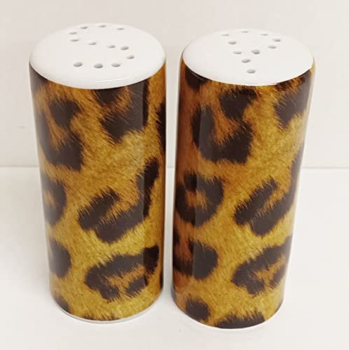 Leopard Brown Salt & Pepper Ceramic Round Animal Print Cruet Set Hand Decorated in UK