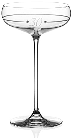 Diamante 30th Birthday Ring Champagne Saucer – Single Crystal Champagne Cocktail Coupe Glass with Hand Etched 30 and Stunning Crystals – Gift Boxed, Burgundy, Gold
