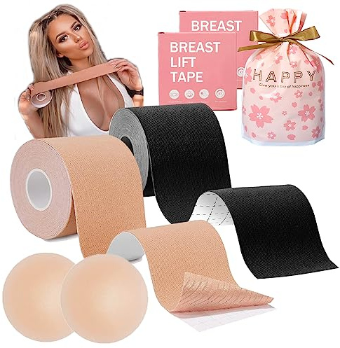 OHWHOA Bande Adhesive Poitrine, Soutien Gorge Adhesif pour Bonnet A à E, 2 Rouleaux de 5M x 5cm Tape pour Dos Nu Mariage, Plongeant, sans Bretelles