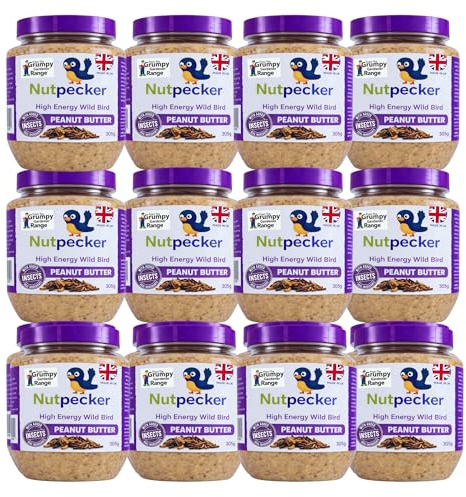 Grumpy Gardener Peanut Butter for Birds - Insect Jars, 12 x 330g | No-Mess Suet Bird Feed, Fits Hanging Feeders or Use to Make High-Energy Nuggets & Pellets