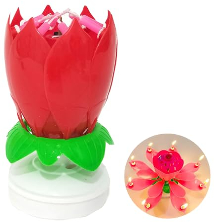 FaJoek Geburtstagsfontäne 'Happy Birthday', Rotierende Lotusblüte mit Musik, Geburtstagskuchen-Dekoration, Musik Blumenkerzen, Geburtstagsfontäne Rose (Rot)