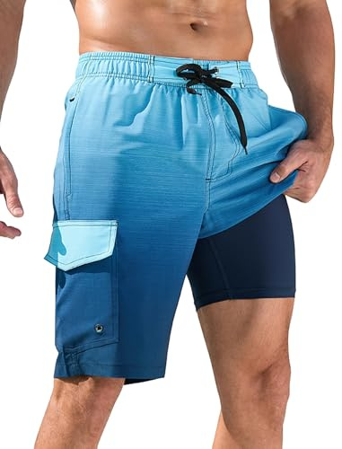 SILKWORLD Mens Swim Trunks with Compression Liner Quick Dry Bathing Suits 10 Inch Swim Shorts with Cargo Pockets, (Dark Blue Gradient), 32
