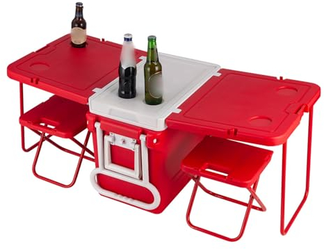 Tidyard Nevera portátil para coche, con mesa y silla (con mesa y sillas), color rojo