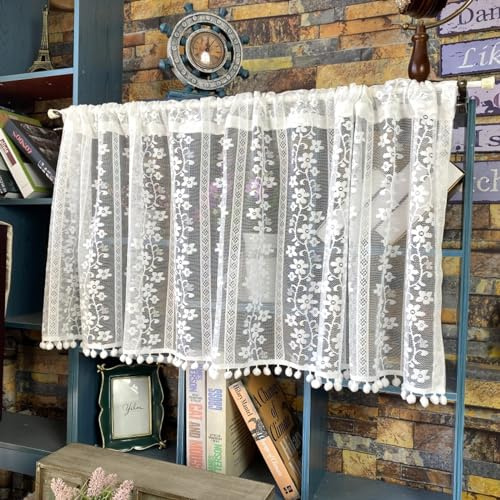 A.Monamour Rideau de Cuisine Court pour Petit Fenêtre Voilage Blanc Broderie Florale Dentelle Voile Transparent Demi Rideau Brise-bise Rideaux à Disques Rideaux à étages Passe-Tringle Bistro Café