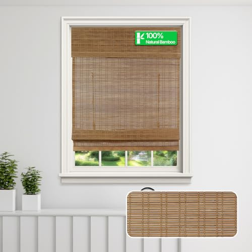 CALYX INTERIORS Cordless Bamboo Roman Shade Blind, Light Filtering, 22.5 W x 48 H, Ceylon Chestnut