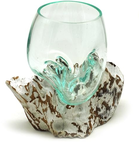 Wurzel mit Glasvase Rund Ø ca.11-12 cm Glas Kugelvase Vase auf Holz Wurzelholz (Weiß)