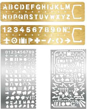 Sxutop 4 Pezzi Stencil di Lettere Numeri in Metallo Riutilizzabili Stencil per Diario in Metallo stencil Bullet Journal in Acciai Inossidabili Stencils per Journal in metallos per Diario Scrapbook