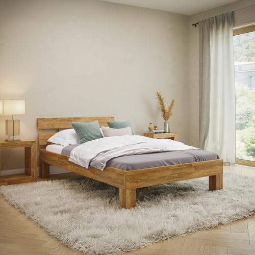 skølm Floki Massivholzbett 120x200 cm aus Eiche - hochwertiges Bettgestell - Bettrahmen mit Bettkopf - Holzbett in Natur geölt - Bett 120x200 cm geeignet als Doppelbett - Futonbett