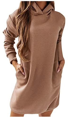 Sweat a capuche femme long basic robe sweat hiver chaud avec poches casual hoodie à manches longues demi saison sweat mini robe chic et elegant automne coupe cintrée à la mode hauts (Khaki, XL)