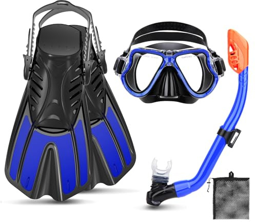 CTSAYTL Snorkeling Gear for Kids, 4 in 1 Child Mask Fins Snorkel Set with Panoramic View Anti Fog Mask, Dry Top Snorkel, Trek Fins and Travel Bag, Kids Snorkeling Set with Fins for Snorkeling Swimming