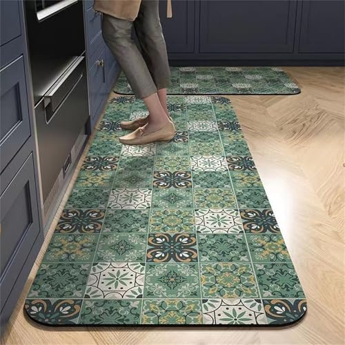 Highdi Tapis de Cuisine Antidérapant Géométrie Absorbant Diatomite Devant Evier, Lavable pour Salon, Salle de Bain et Couloir (Vert Européen, 60x120cm)