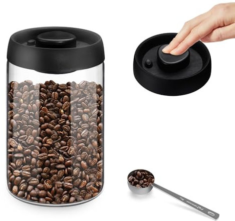 Realand Vacuum Coffee Bean Storage Canister, 1.2L Airtight Coffee Storage Container, Glass Manual Vacuum Seal Coffee Container with Coffee Scoop for Bean, Ground, Tea