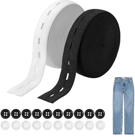 2 Rollos Cinta Elastica Costura para Pantalones, Banda Ojal Elástica 15mm x 16m, Cinta Elástica de Alta Elasticidad con 20 Botones para Ropa, Costura DIY, Manualidades, Faldas, Jeans
