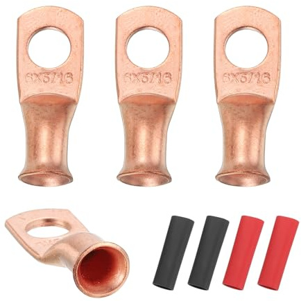 sourcing map 4pcs 6 AWG M8 Battery Lugs Ring Terminals, 5/16 8mm Stud Crimp Wire Terminal Connector End Copper, 2:1 Heat Shrink Tubing, Gold