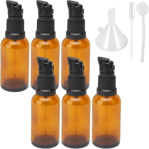 HENGBIRD 6 stycken 30 ml tomma glasflaskor brun bärnstensfärgade glas lotion-flaskor lotiondispenser brun glasflaska med pump för lotion serum och kräm