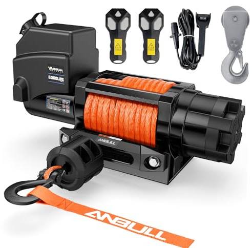 Anbull Elektrische Seilwinde 12V, Motorwinde Seilzug 6000 LBS/ 2722 Kg, Keine Verkabelung erforderlich, IP68, Synthetikseil 6.3mm*16.8m, Kompatibel mit Bootstrailer, Quad, Electric Winch 12V (Orange)