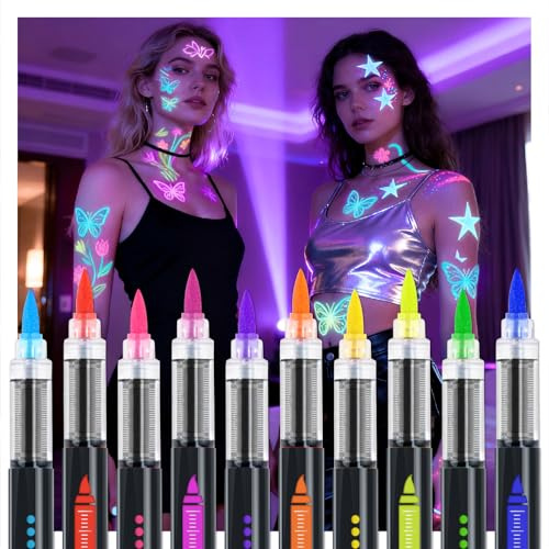 MOWETOO 10 svart ljus färg neon smink, fluorescerande färg tatueringspennor lysande i mörkret, kroppsmålningsfärger UV-penna för festival, neonfest svart ljus dekoration