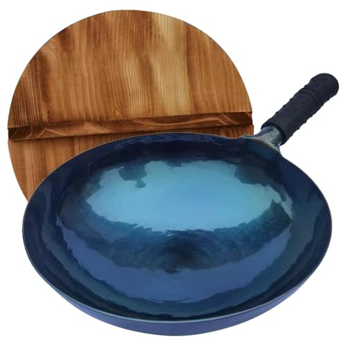 Lvhop iron wok with lid,14 inch woks & stir-fry pans nonstick,chinese traditional pans for open fire,large cookwares,cooking,bbq,grill,camping,blue pre-seasoned round bottom wok (36cm)