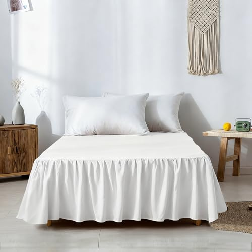 XLSBZ Betthusse 140x200cm, Bettwäsche mit Rüschen, Weiß Baumwolle Bed Skirt, Gewaschene Baumwolle Bettrock
