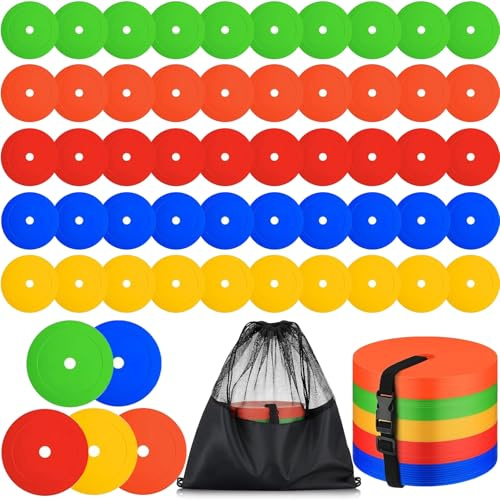 50 Pack Flat Football Markers, Non-Slip, 15 cm Disc Cones with Storage Bag | 5 Bright Colours Round Flats Cones, Flexible Design, Carry Strap for Football Training Sports Speed Agility Practice