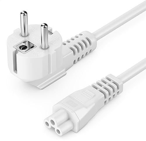 deleyCON 4m Nätkabel Strömkabel, Skyddskontakt Stickpropp Typ F (CEE 7/7) 90° Vinklad till IEC C5-Uttag, 2,5 Ampere Klöverblads-Koppling, TV Bildskärm Laptop Notebook Nätadapter - Vit