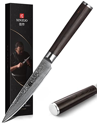 XINZUO Acciaio Damasco 12.3cm Coltello Multiuso, Professionale Coltello Universale Coltello Frutta Multifunzione Coltelli per Sbucciare e Verdura con Manico in Legno di Pakka- He Serie