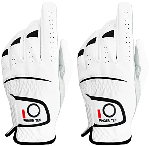 FINGER TEN Golfhandschuhe Herren Links Rechts Hand 2 Stück Golfhandschuh Wettersof Leder Griffig Weich Passform Handschuh für Golfer Männer (Links, ML)