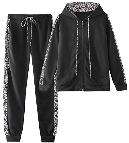 amropi Femme Survêtement Ensembles Imprimées Léopard Tenues Pull à Capuche et Jogging Pantalons Ensemble de Sport Noir, XL
