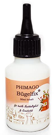 PHIMAGO Bügelfix ® 1 x 50 ml de poudre à coudre ou de colle textile en poudre avec épandeur de précision – Poudre de réparation (effet adhésif direct après repassage)