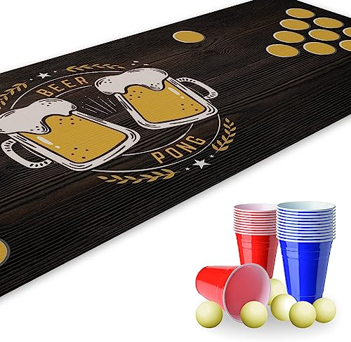 Beer Pong Set I 180 x 60 cm I Spielfeldmatte mit Bierkrug Design I Inkl. 22 Partybechern und 6 Tischtennisbällen I Trinkspiel I Party-Spiele und Geburtstag I Wiederverwendbar und abwischbar I dv821