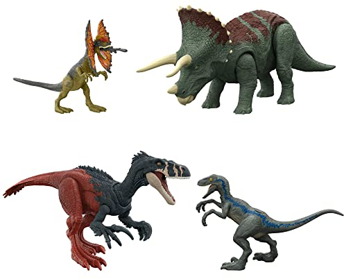 Mattel Jurassic World - Survival-Instincts-Dinosaurier-Starterset, Roar Strikers Megaraptor und Pteranodon, Blue und Dilophosaurus, digitales Spielerlebnis, Dinosaurierspielzeug ab 4 Jahren HJJ85