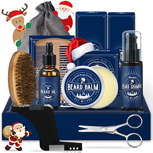 Beesjuy Bartpflege Set Geschenke Männer, 11 in 1 Bartpflege Set für Männer, mit 60ML Bartshampoo, 30ML Bartöl, Bartbalsam, Bartkamm, Bartbürste,Bartschere,Bartschablonen, Geschenk für Ihn
