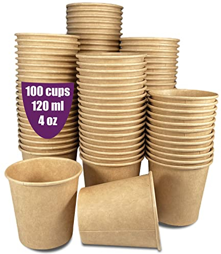 100 Vasos Desechables Papel Kraft de 110ml / 4 oz para Café Espresso y Lungo. Para bebidas frías y calientes. Vasos cartón desechables