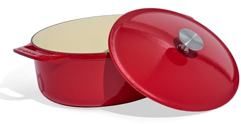 Made In Utensilios de cocina - Horno holandés ovalado de 7,5 cuartos - Rojo - Hierro fundido esmaltado - Excepcional retención de calor y durabilidad - Francia - Compatible con inducción
