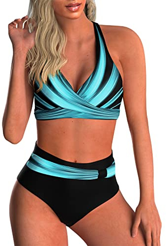 Adigaber Traje de Baño para Mujer Estampado Floral Cuello en V Dos Piezas Conjunto Bañador Control de Vientre de Cintura Alta Bikini