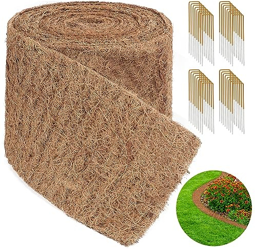 Natural Mulch Roll for Landscaping 240 X 6.3 Coconut Fiber Liner Mulch Mat with 32 U-Shaped Steel Stakes, Thick Mulch Roll for Garden Edging Border, Coconut Liners for Planters, Vegetables & Flowers
