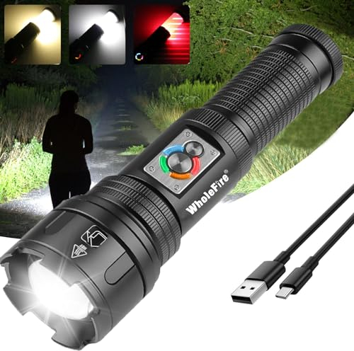 WholeFire LED Taschenlampe Aufladbar, Extrem Hell 100000 Lumen Taschenlampen Batteriebetrieben,IP65 Wasserdicht 10 Lichtmodi für Camping Wandern Notfälle