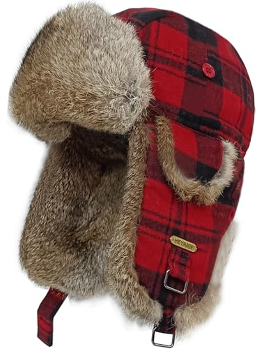 HEYANN Pilotmössa, vinter trapper hatt kaninpäls fuzzy vintermössa varm rysk mössa Ushanka pälsmössa med öronlappar för män kvinnor, Röd pläd, XXL-3XL