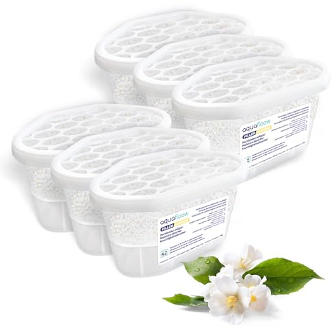 Aquafloow Déshumidificateur 400 ml, Réduit l'humidité de l'air, 6 Pièces JASMINE | Neutraliseur d'odeurs, Absorbeur d'humidité pour Cuisine, Placard, Salle de Bain et Bureau