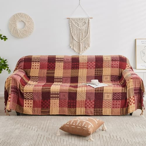 Edcooy Coperta in stile bohémien, grandi coperte patchwork per divano, letto matrimoniale, poltrona, divano, ponderata, morbida, per mobili, con nappe, in ciniglia, per decorazioni bohémien (218,4 x