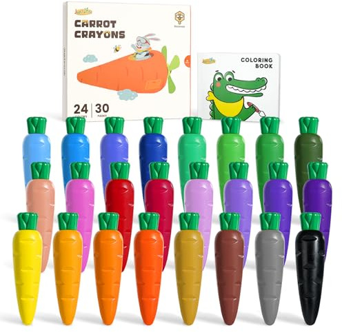 JUPITEARTH Carrot Crayons for Kids 24 Colors, Non Toxic Beeswax Toddler Crayons with 30-Page Coloring Book and 120 PDF Pages, Mess-Free Coloring for Kids Art Supplies Gift