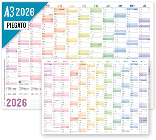 =Häfft® calendario da parete 2026 A3 in italiano (42 x 29,7 cm) piegato Arcobaleno, con festività d´Italia + extra A4 - sostenibile e rispettoso del clima