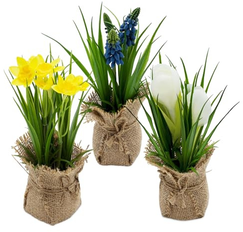 Spetebo Dekorativ konstgjord blomma i jutepåse 19 cm – set om 3 – konstgjord växt liten med blommor och kontor i kruka – bordsdekoration, konst, vårblomma, inomhusväxt, påsklilja, hyacint, krokus