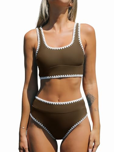 CUPSHE Women's Bikini Sets Two Piece Swimsuit Scoop Neck Tank Wide Straps Midkini Stitching Swimwear Swimming Costume Brown/White M