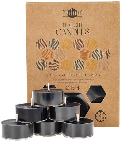 Velas de Cera de Abeja Natural 100% - Velas de Té con Mecha de Algodón – 4 Horas de Duración – Pack de Velas 12 Unidades – Velas Pequeñas de Cera de Abeja Pura y Plástico Reciclado de Danilovo