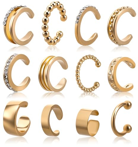 Nogeqi 12 Pcs Gold Ear Cuffs for Women Non Piercing Adjustable Fake Ear Piercings, Clip on Cartilage Earring Gold Earring Cuffs Non Pierced Cuff Earrings for Women Fake Earrings Jewelry