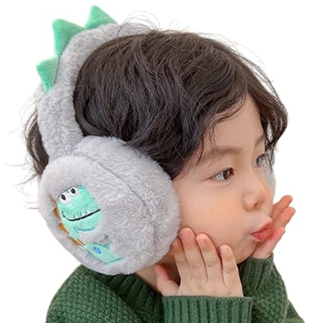 Orejeras decorativas de dinosaurio para niños, orejeras de felpa suaves y cálidas para invierno, accesorio adecuado para uso diario y deportes, orejeras de dinosaurio de dibujos animados, gris, Talla