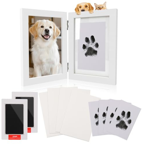 SahCognitual Set di Impronta Zampa Cane Gatto, Kit per Impronte delle Mani Senza Inchiostro con Cornice per Foto, 2 tamponi di Inchiostro per Impronte di Zampe e 4 Carte di Stampa, Kit per Impronte