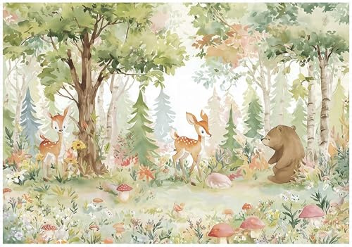 WallArena - Papier peint photo pour enfants non tissé Animaux de la forêt 350x250 cm - Papier peint photo - Pour salon et chambre à coucher - Effet 3D - Avec colle - La nature, les animaux, les fleurs